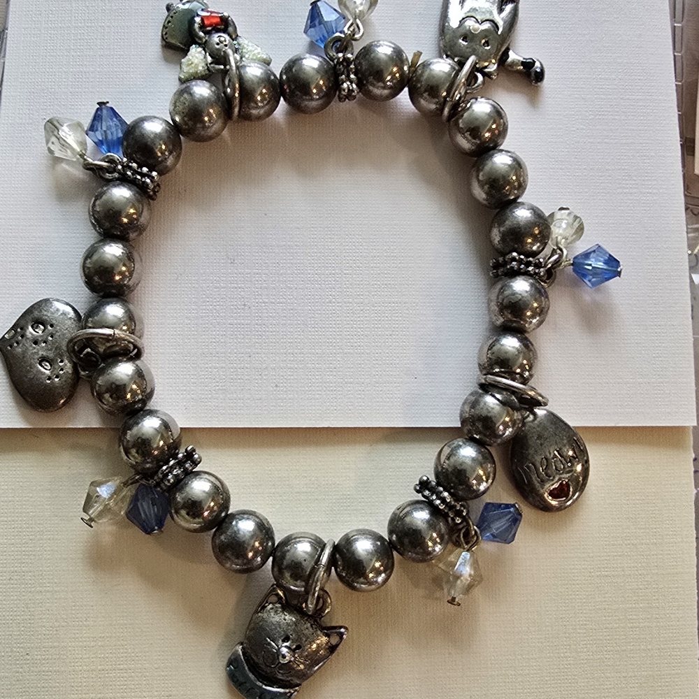 Silver Cat Charm Bracelet with Blue Accents